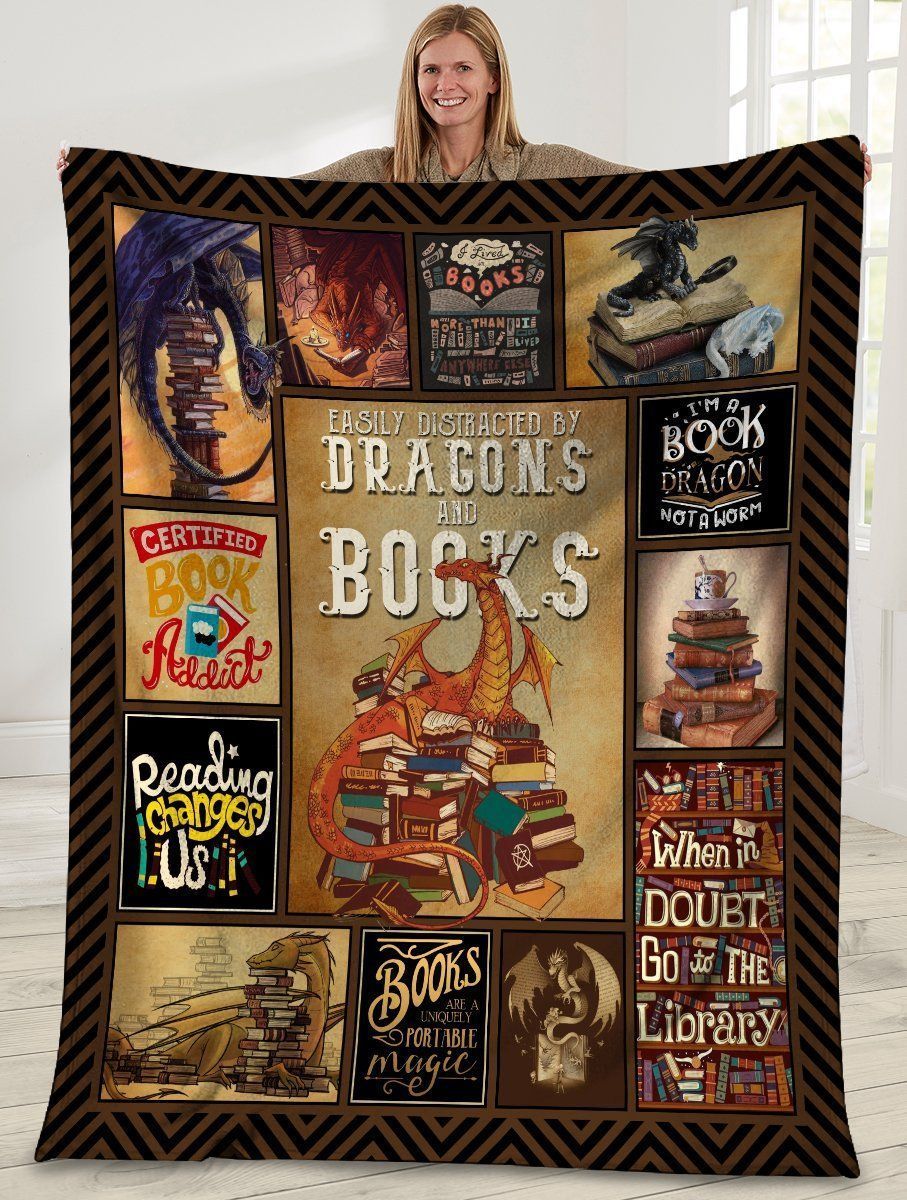 Easily Distracted By Dragons And Books Book Dragon Fleece Blanket