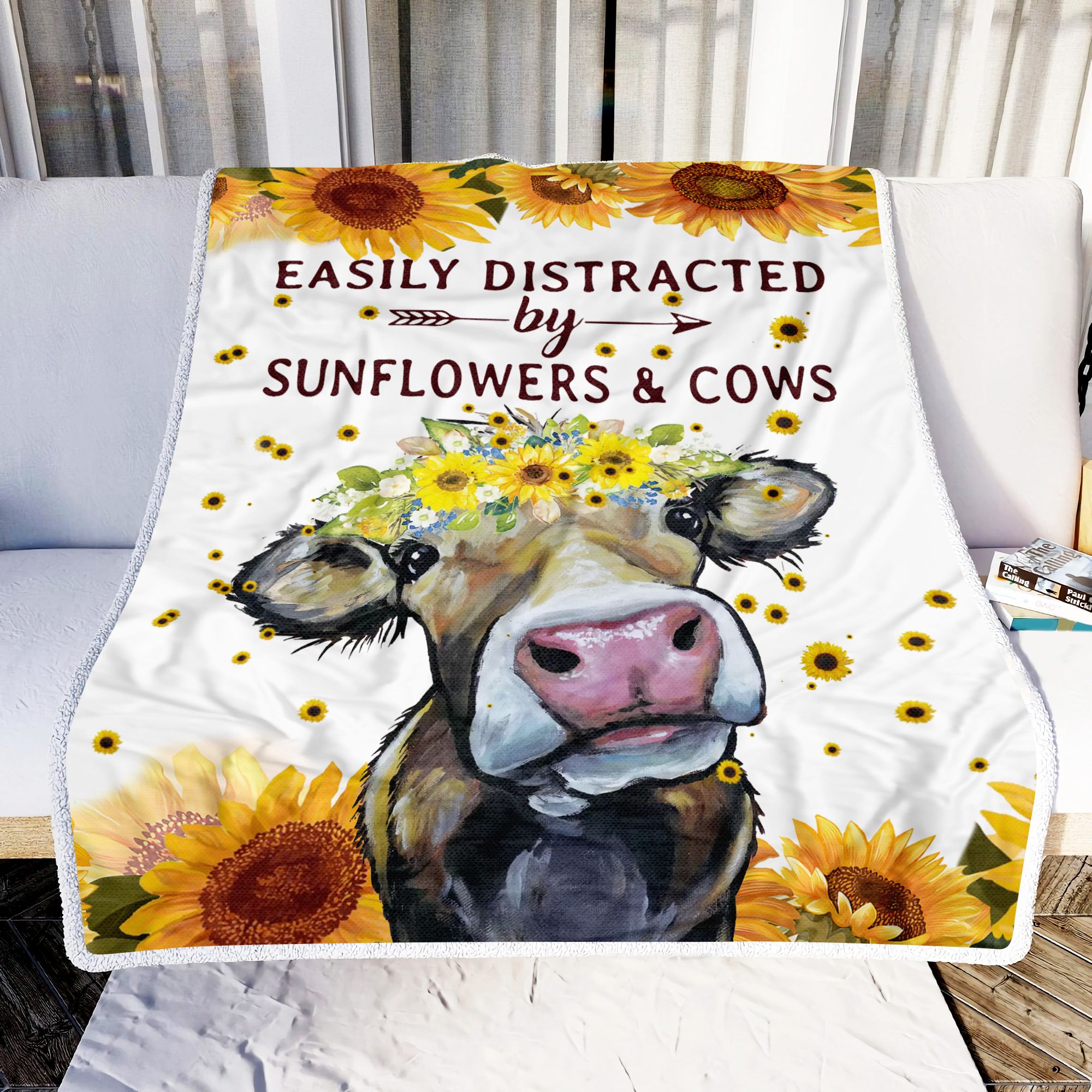 Easily Distracted By Sunflowers And Cows Fleece Blanket