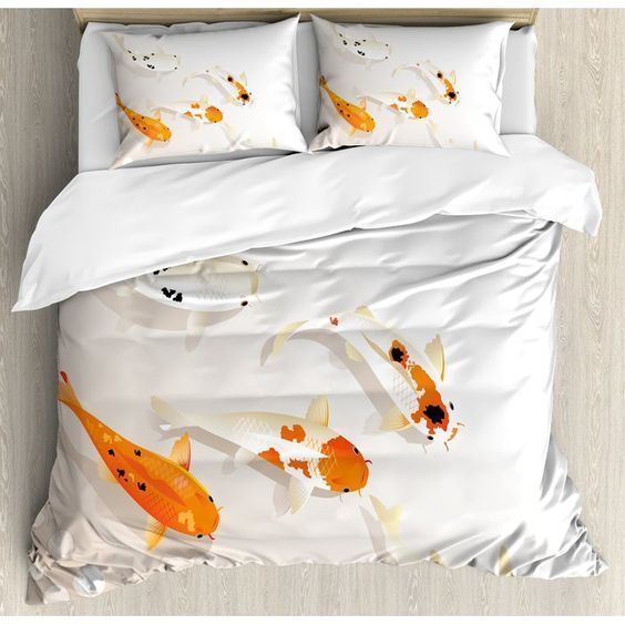 East Urban Home Ocean Animal Traditional Asian Sacred Spotty Koi Carps Oriental Sign Of Love Zen Bedding Set
