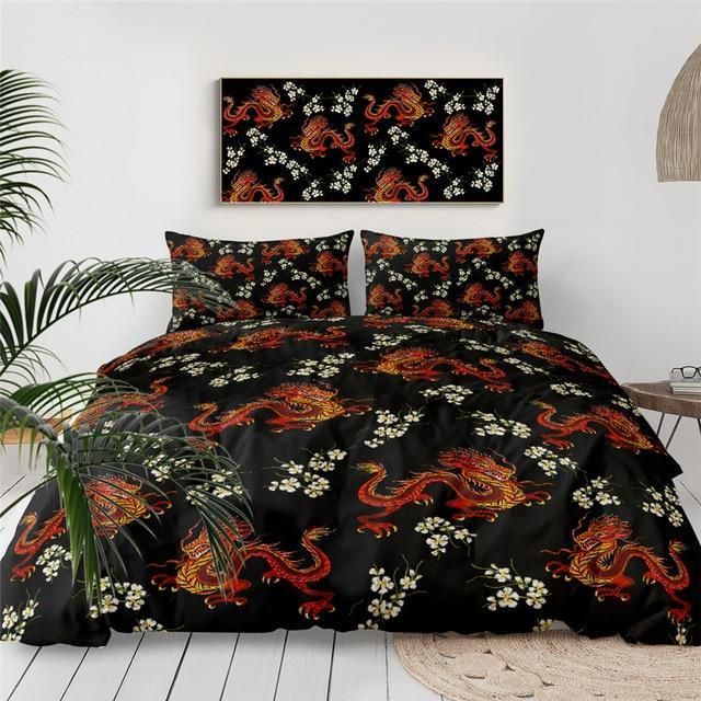 Eastern Dragons Black Background Bedding Set