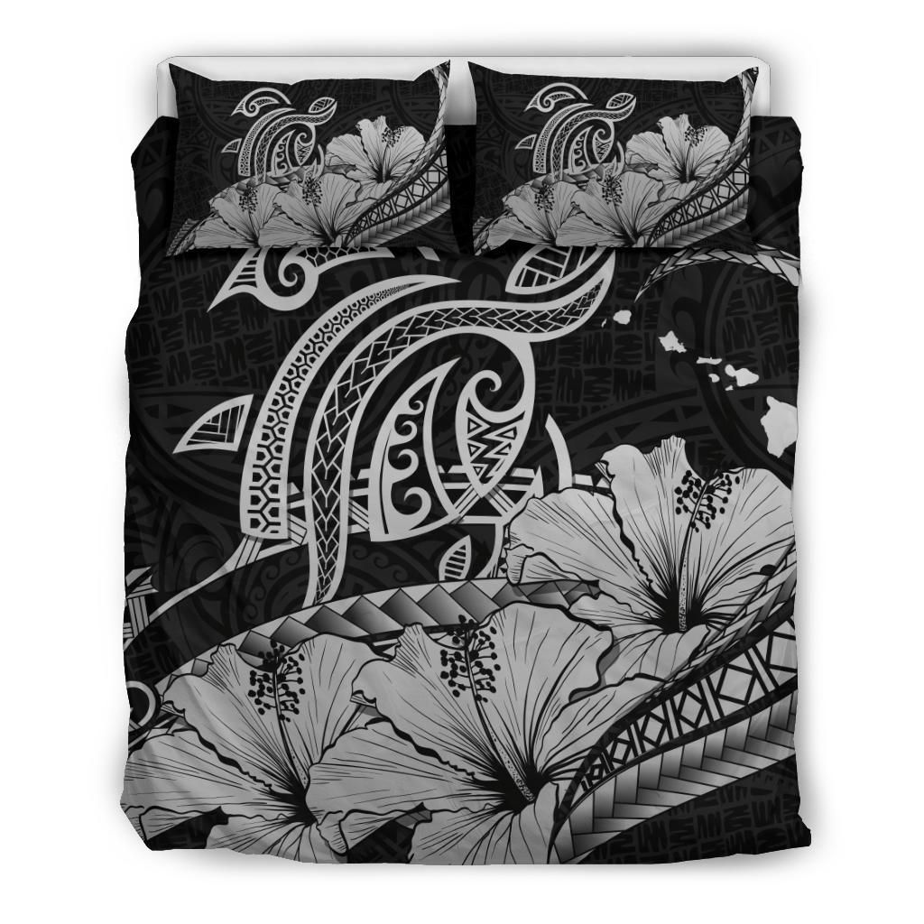 Easthetic Hawaiian Map Hibiscus Turtle Polynesian Gray Bedding Set