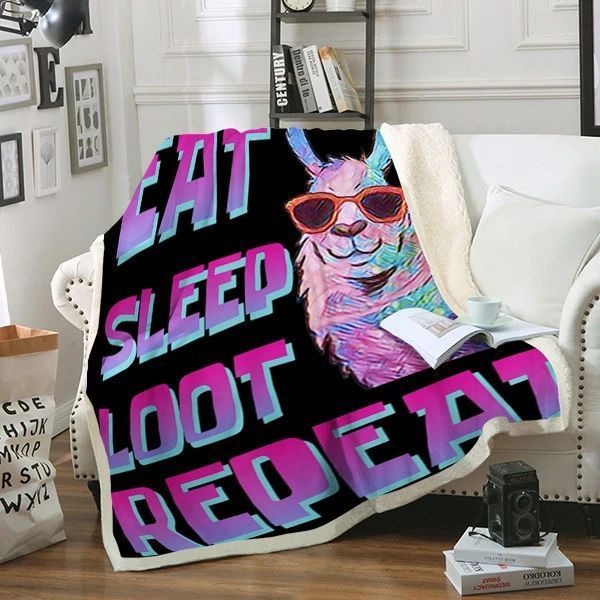 Eat Sleep Loot Repeat Llama Sherpa Fleece Blanket