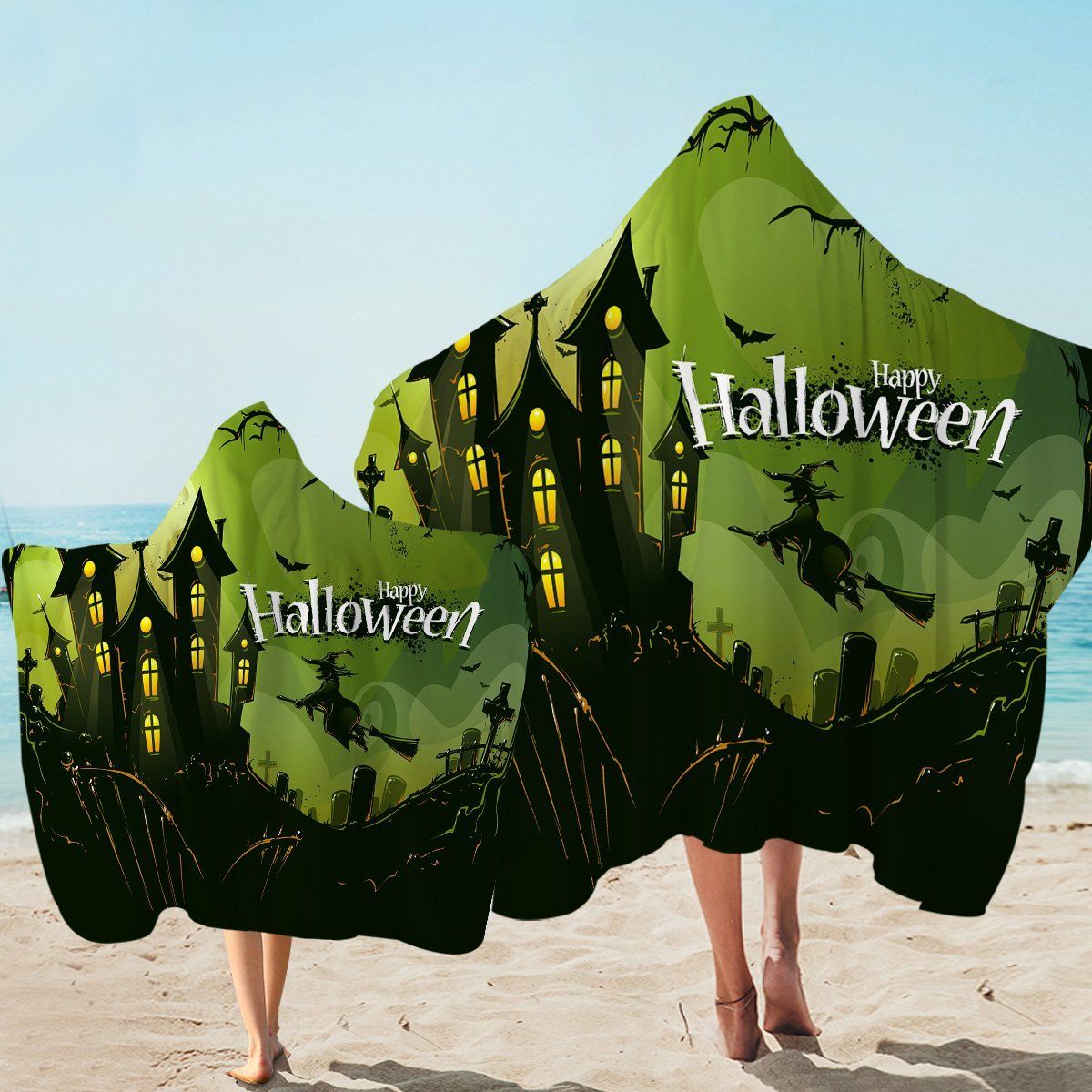 Eerie Halloween Castle Green Night Printed Hooded Towel