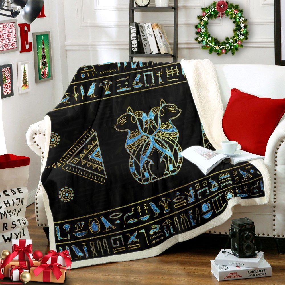 Egyptian Cats Gold And Blue Sherpa Fleece Blanket