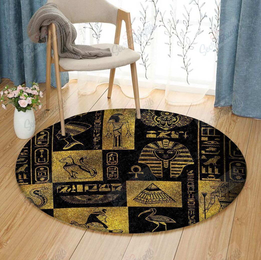 Egyptian Gold Hieroglyphs And Symbols Collage Round Carpet
