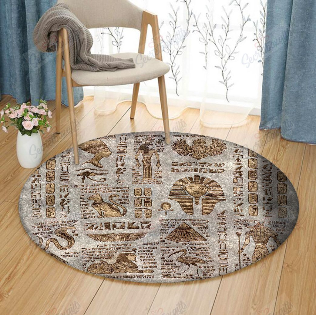 Egyptian Hieroglyphs And Deities Round Carpet