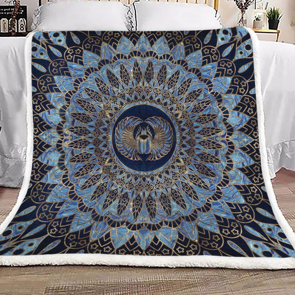 Egyptian Scarab Beetle Gold And Blue Marble Sherpa Fleece Blanket