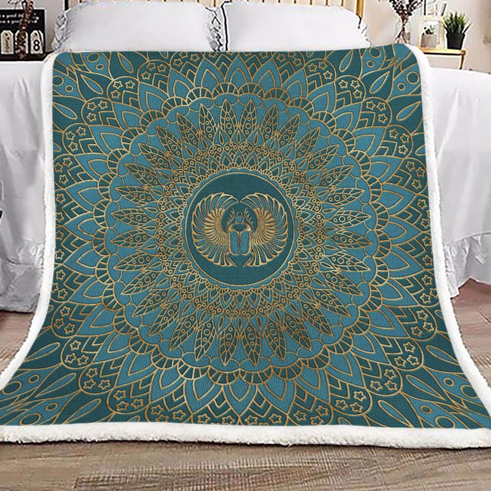 Egyptian Scarab Beetle Gold On Teal Leather Sherpa Fleece Blanket