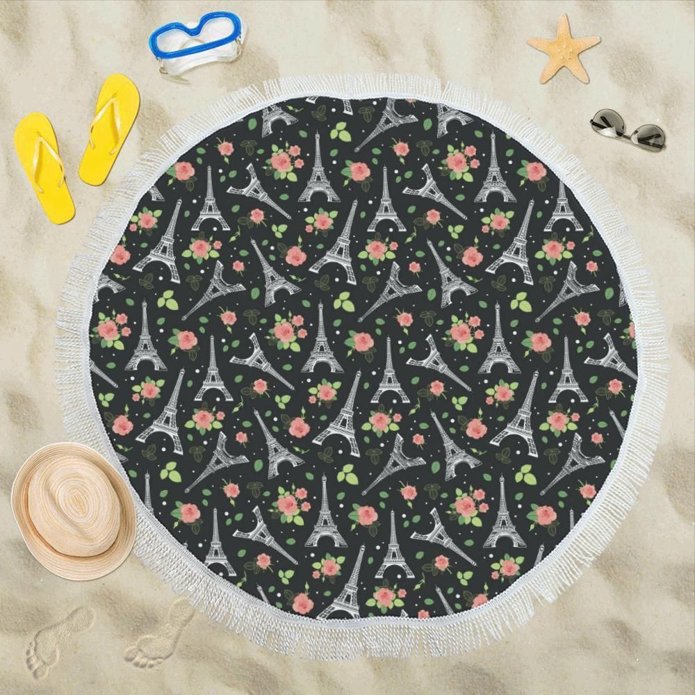 Eiffel Tower Rose Print Round Beach Towel
