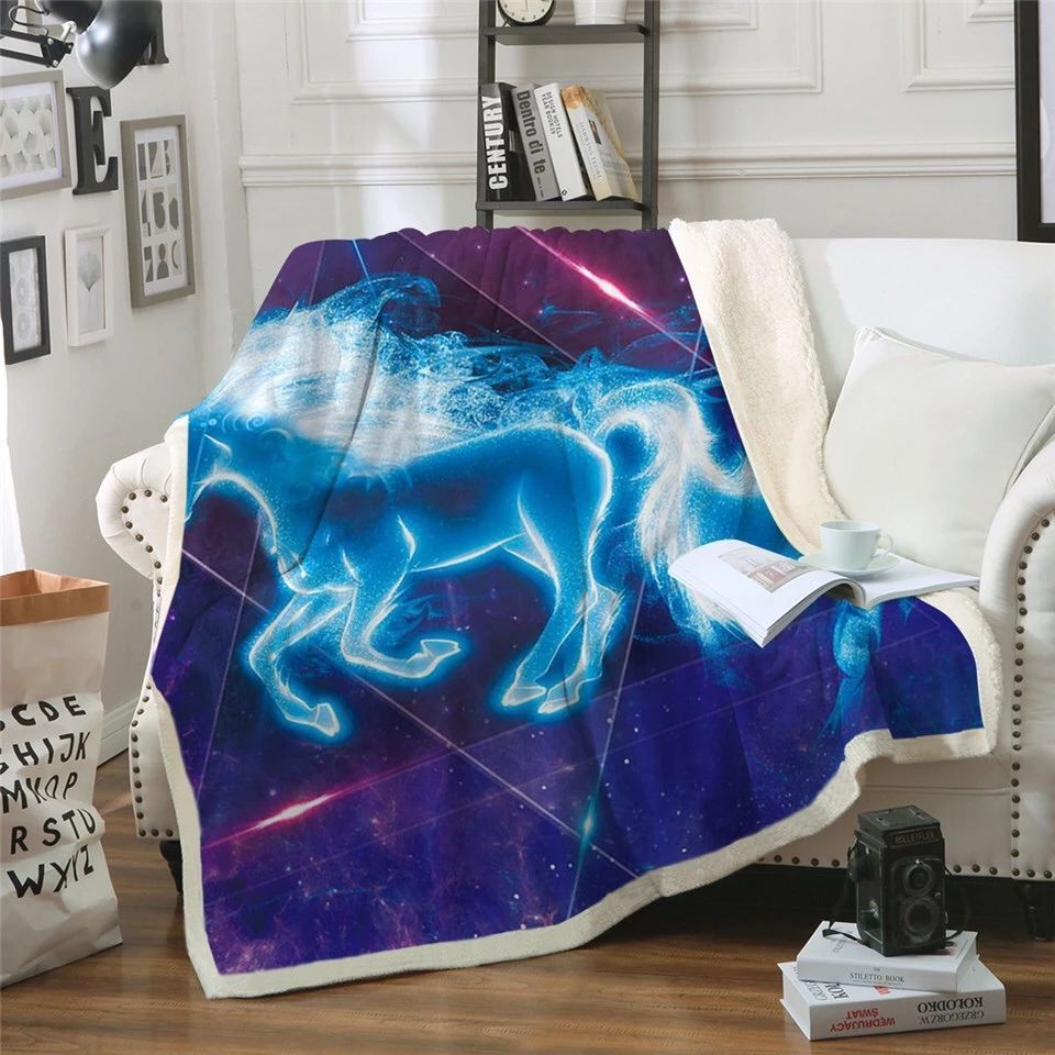 Electric Blue Unicorn Sherpa Fleece Blanket