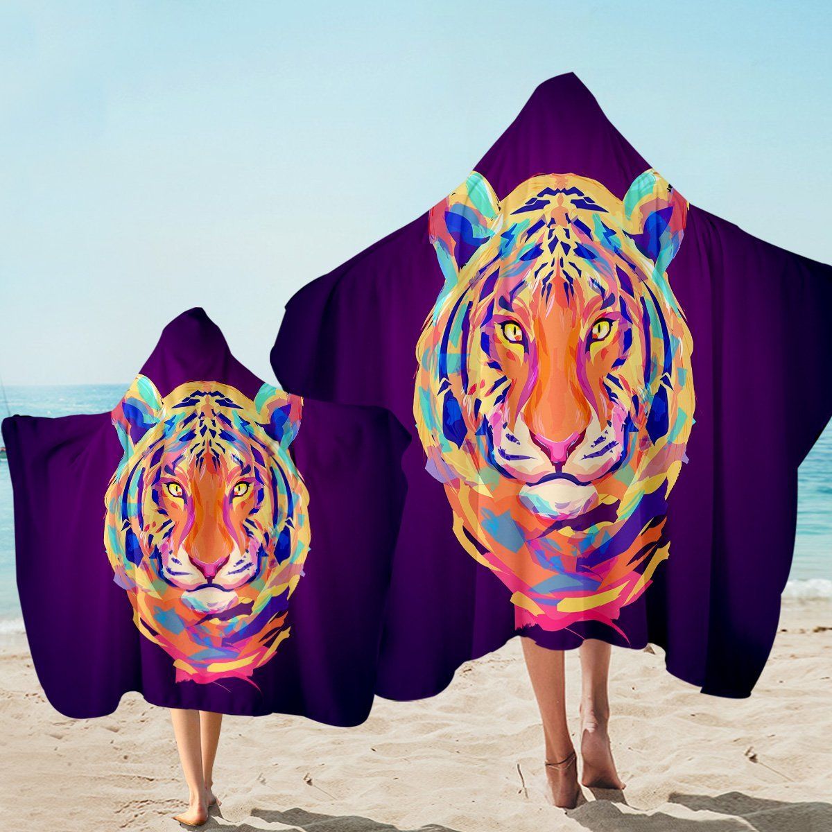 Electric Color Tiger Holograph Printed Hooded Towel