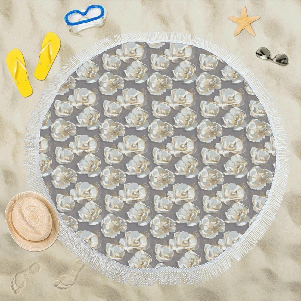 Elegant Grey Flower Print Round Beach Towel