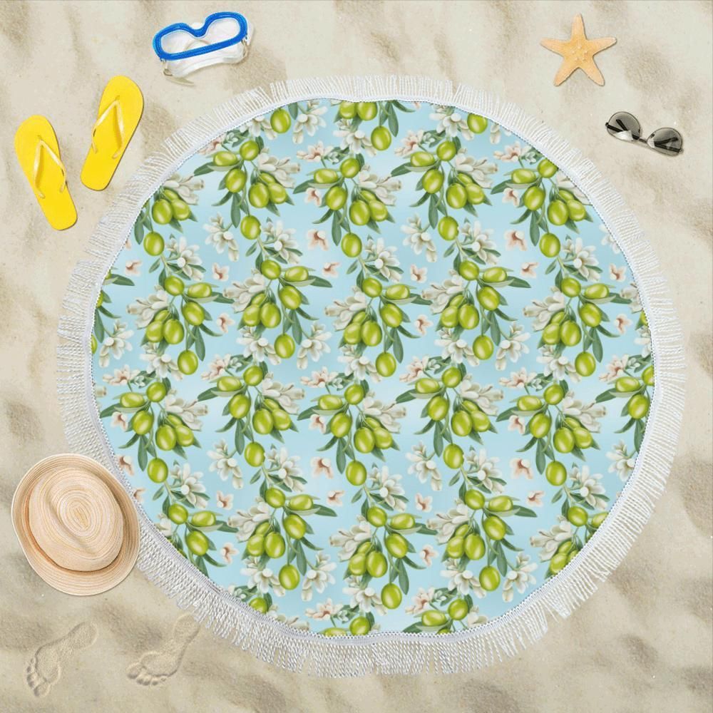Elegant Olive Floral Printed Round Beach Towel
