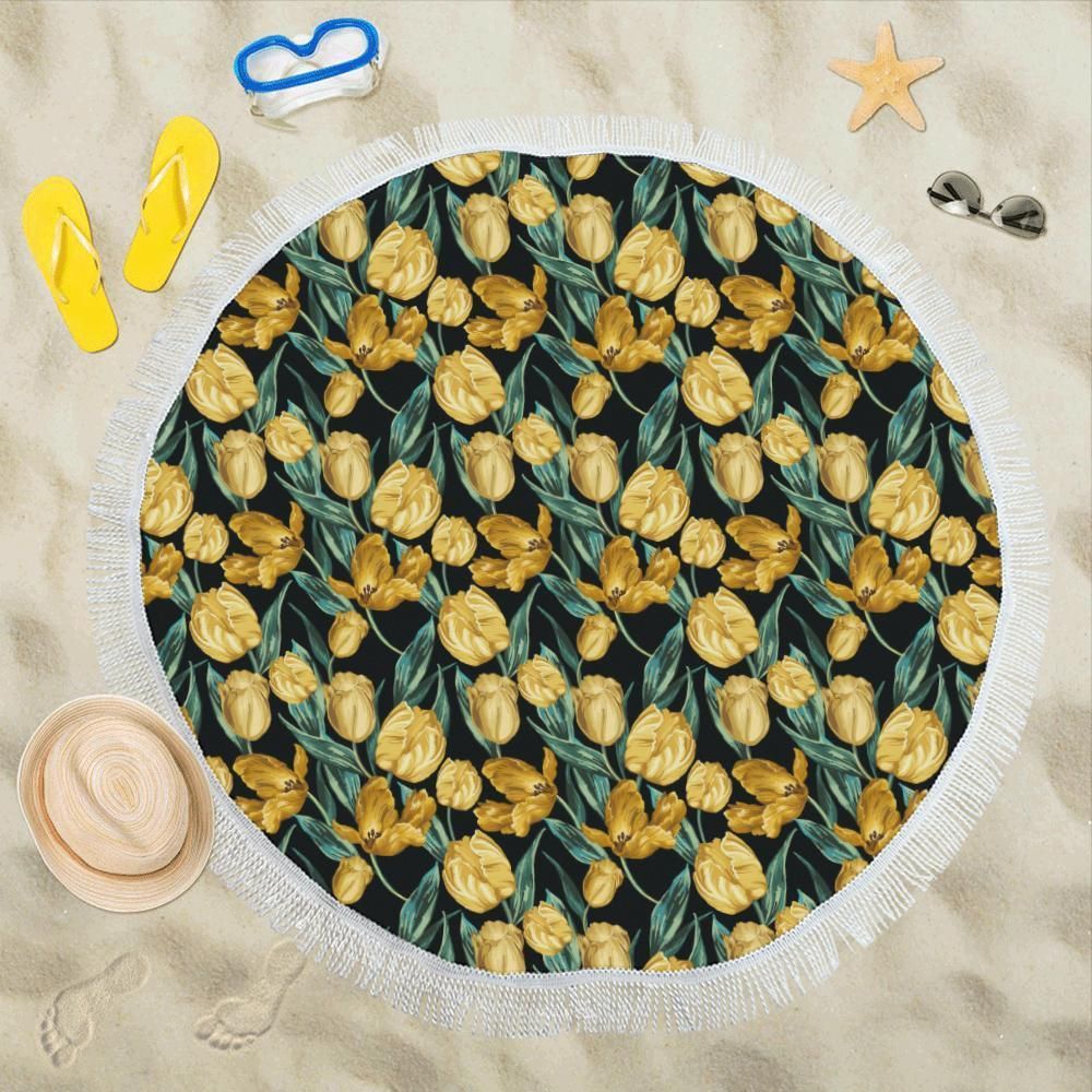 Elegant Yellow Tulip Pattern Printed Round Beach Towel