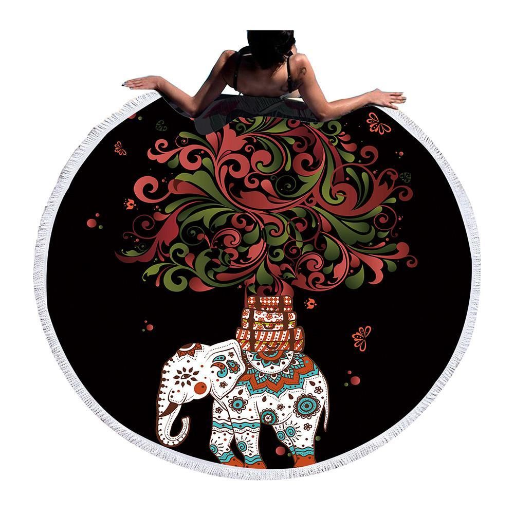 Elephant And Tree Pattern On Black Printed Round Beach Towel