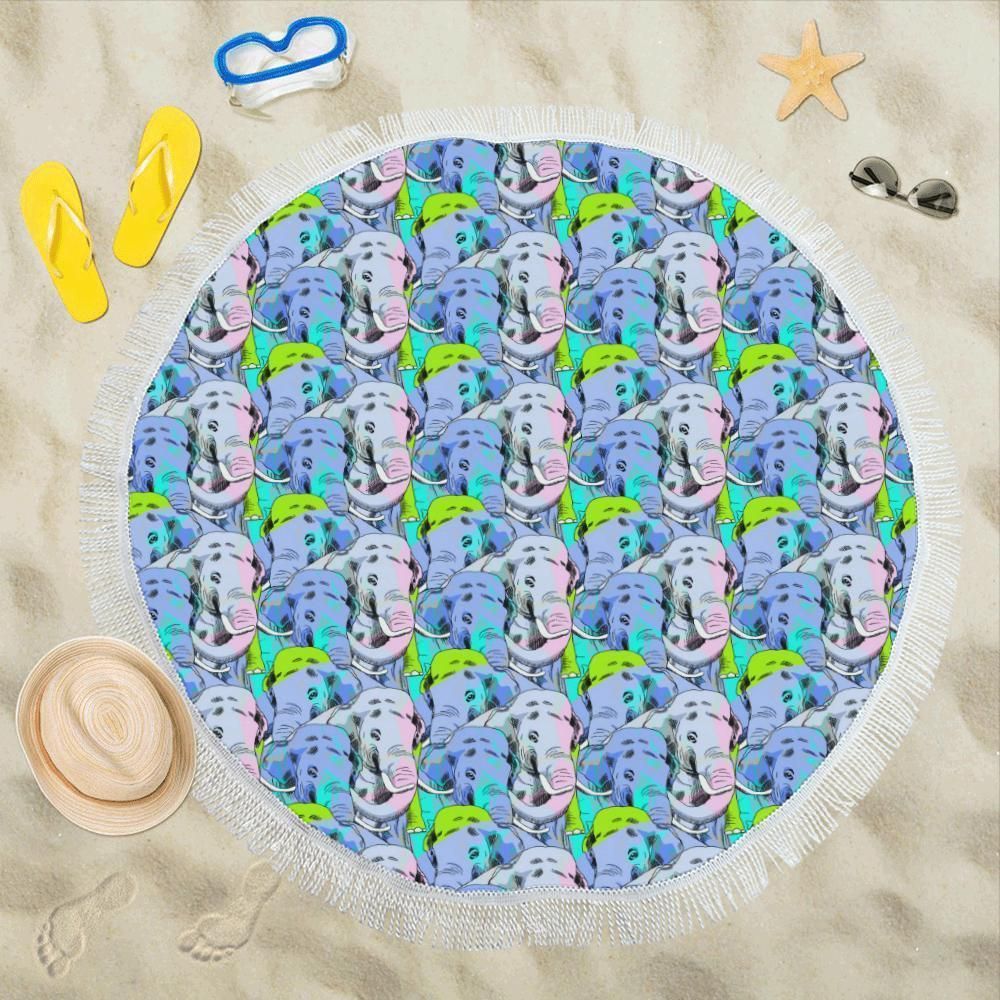 Elephant Art Color Pattern All Over Printed Round Beach Towel
