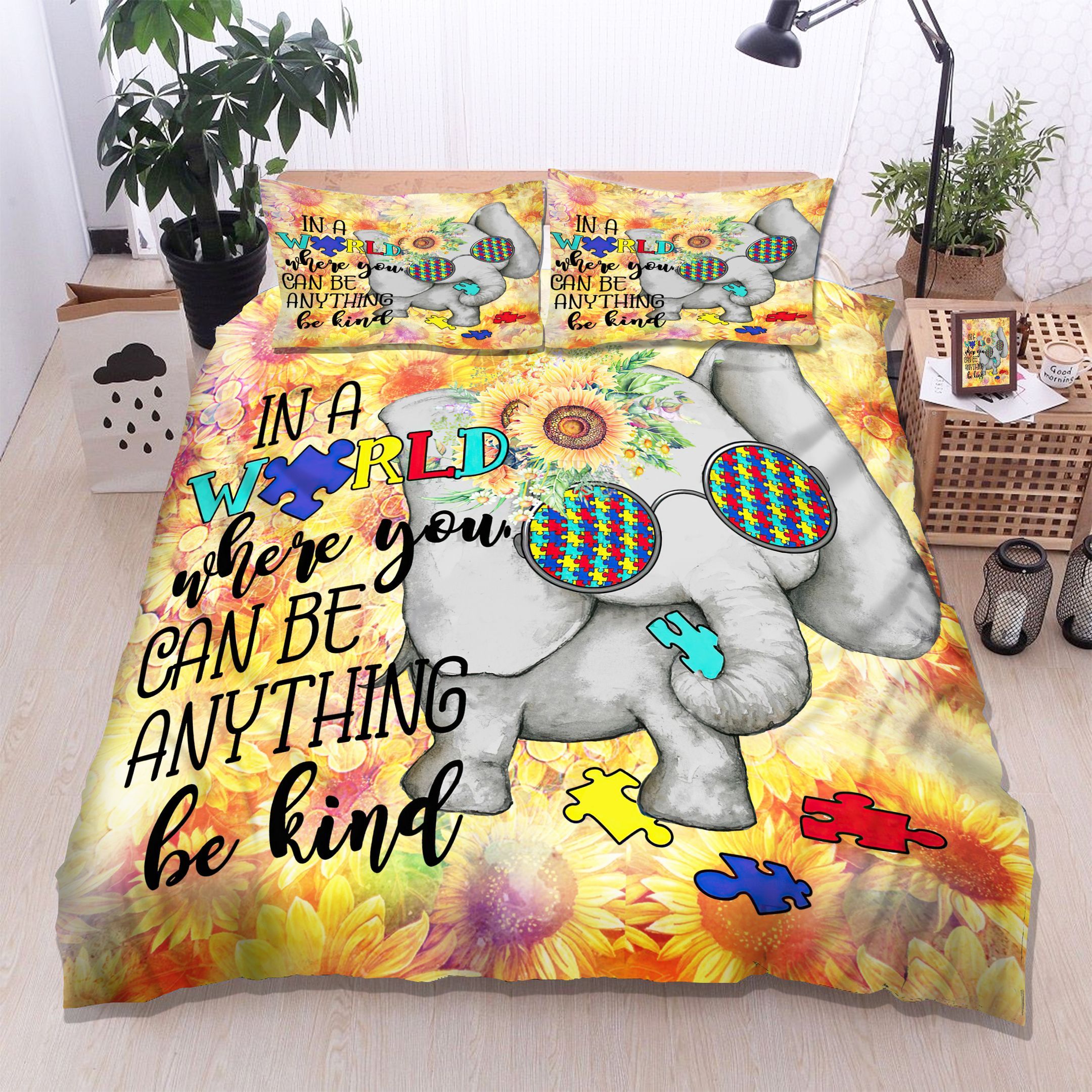 Elephant Autism Sunflower Bedding Set
