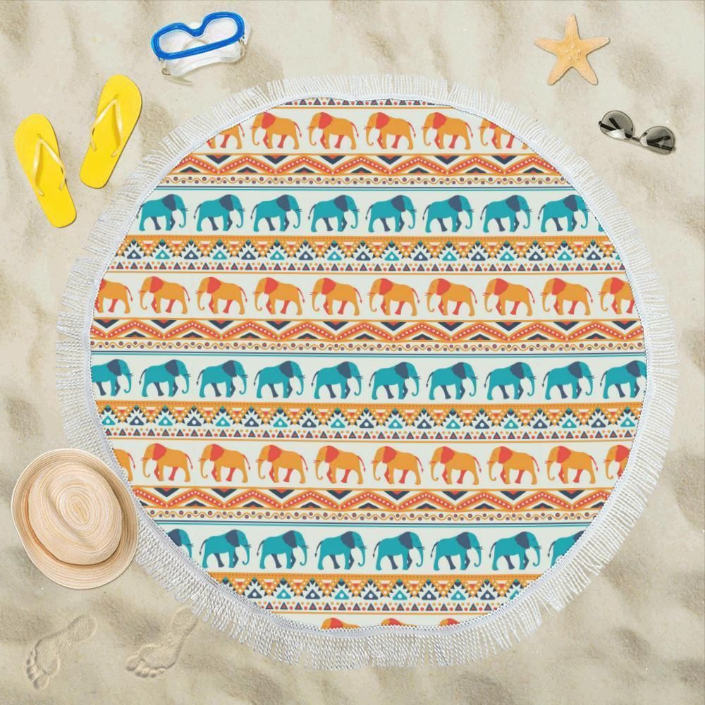 Elephant Aztec Ethnic Pattern Printed Round Beach Towel