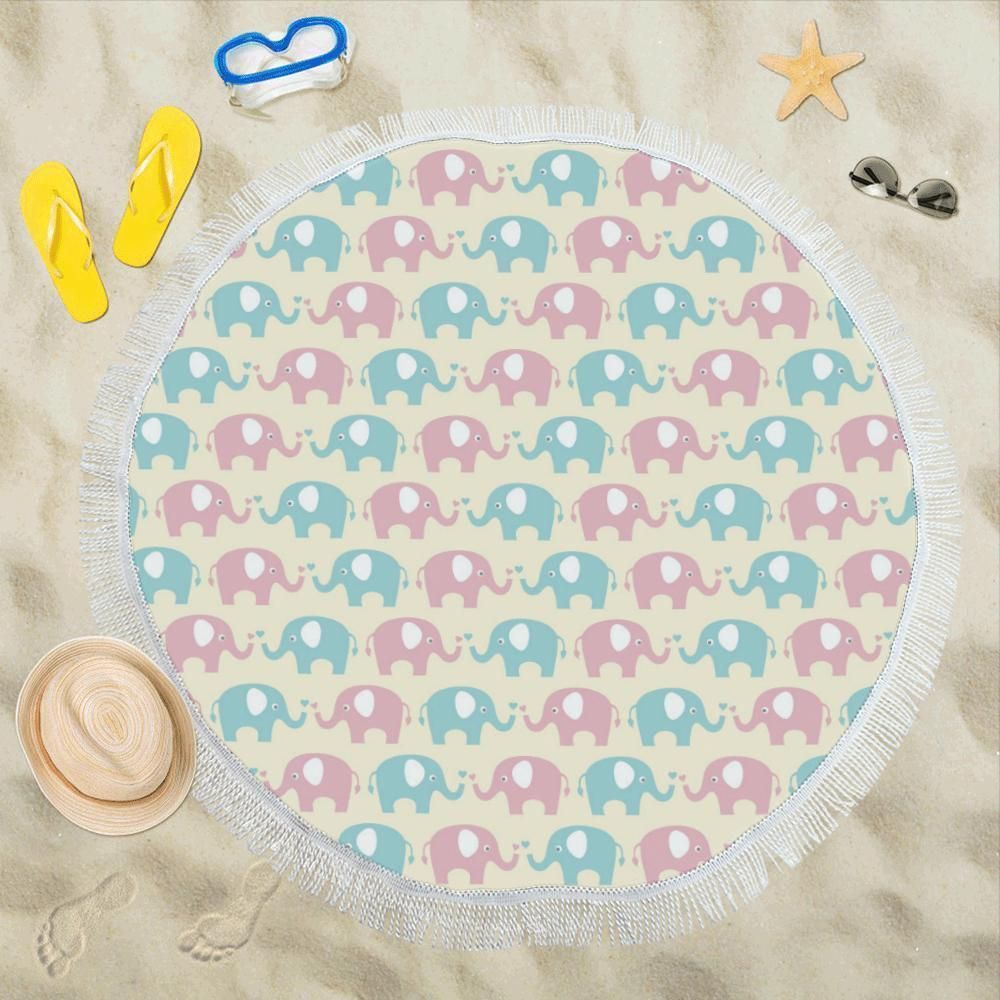 Elephant Baby Pastel Print Pattern Round Beach Towel