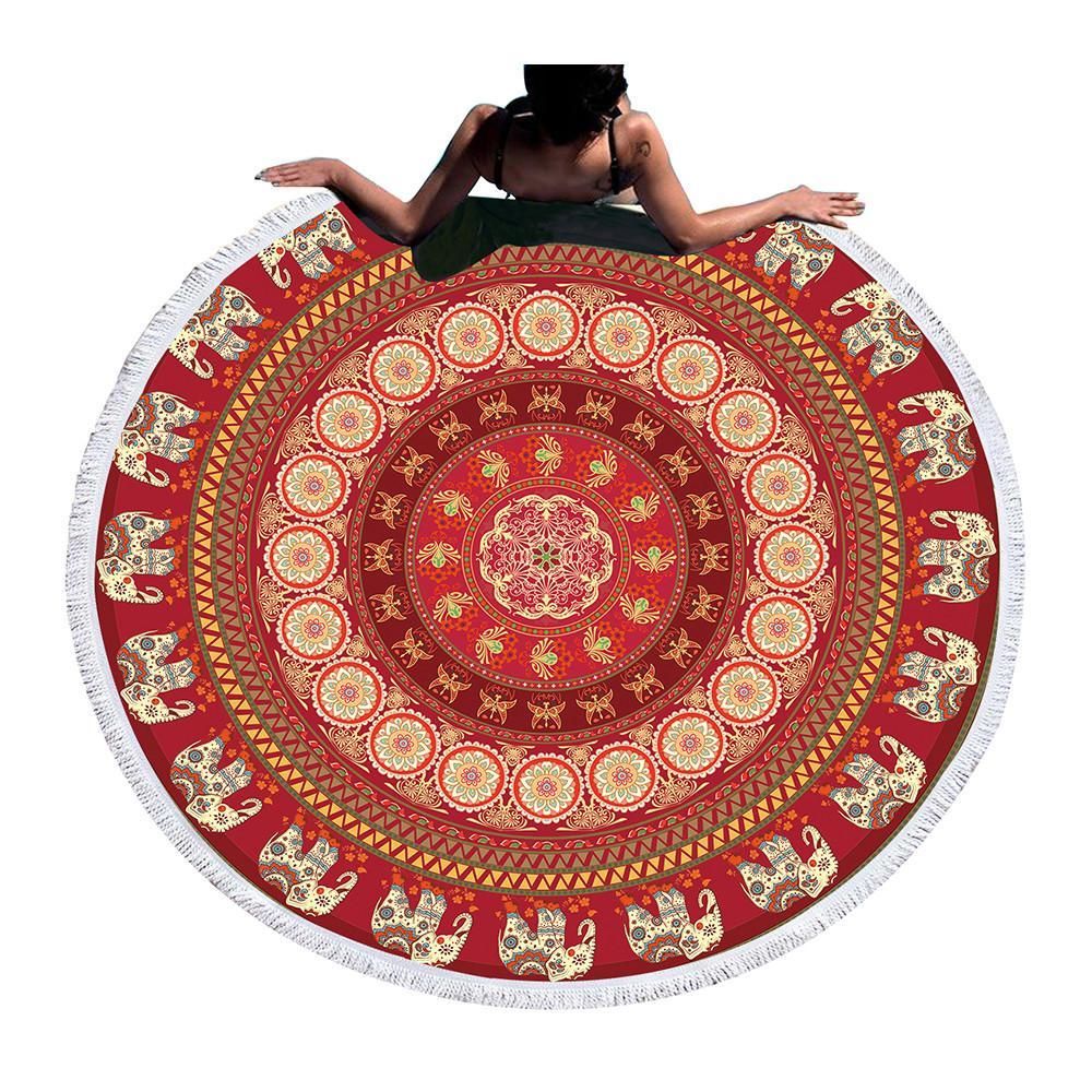 Elephant Border Red Pattern Printed Round Beach Towel