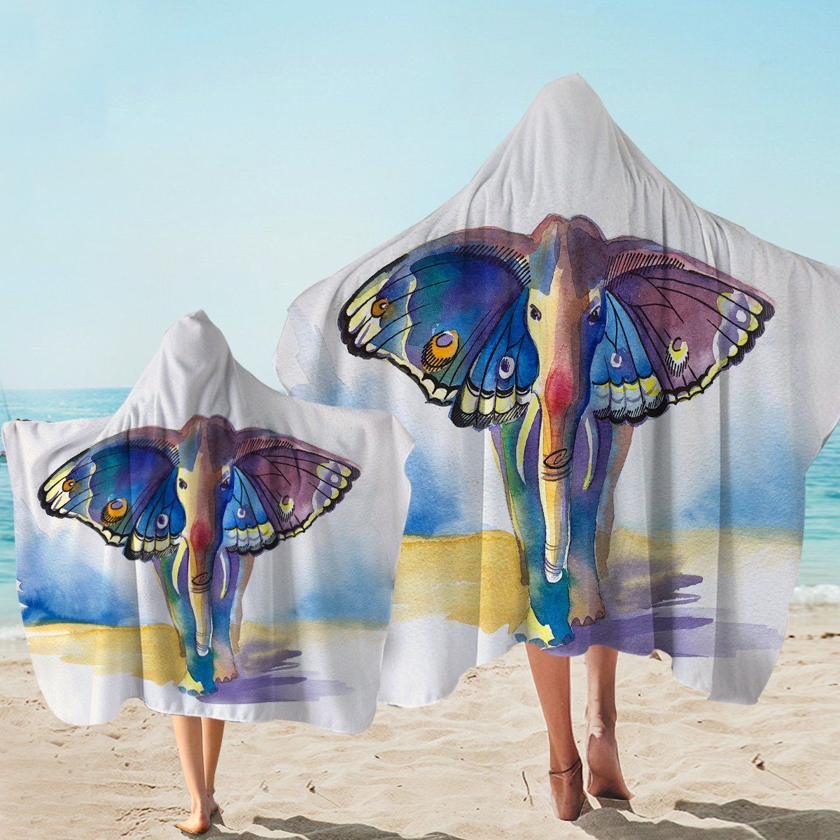 Elephant Butterfly Fusion On White Printed Hooded Towel