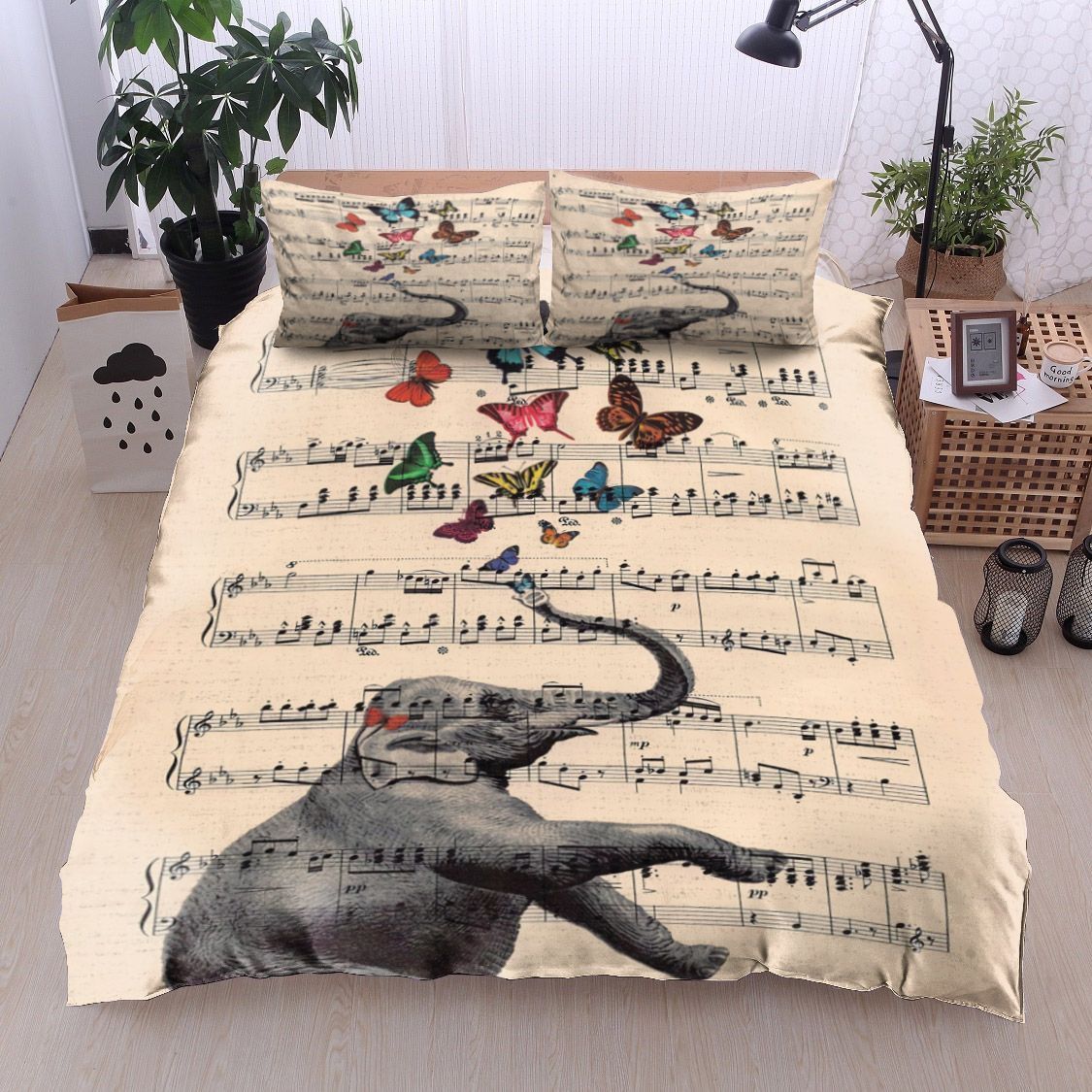 Elephant Butterfly Music Sheet Bedding Set