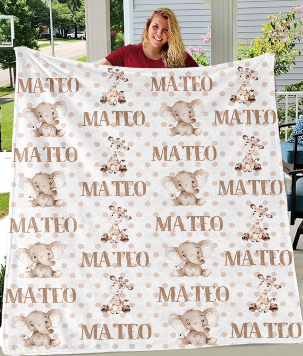 Elephant Giraffe Gift Mateo Custom Name Fleece Blanket