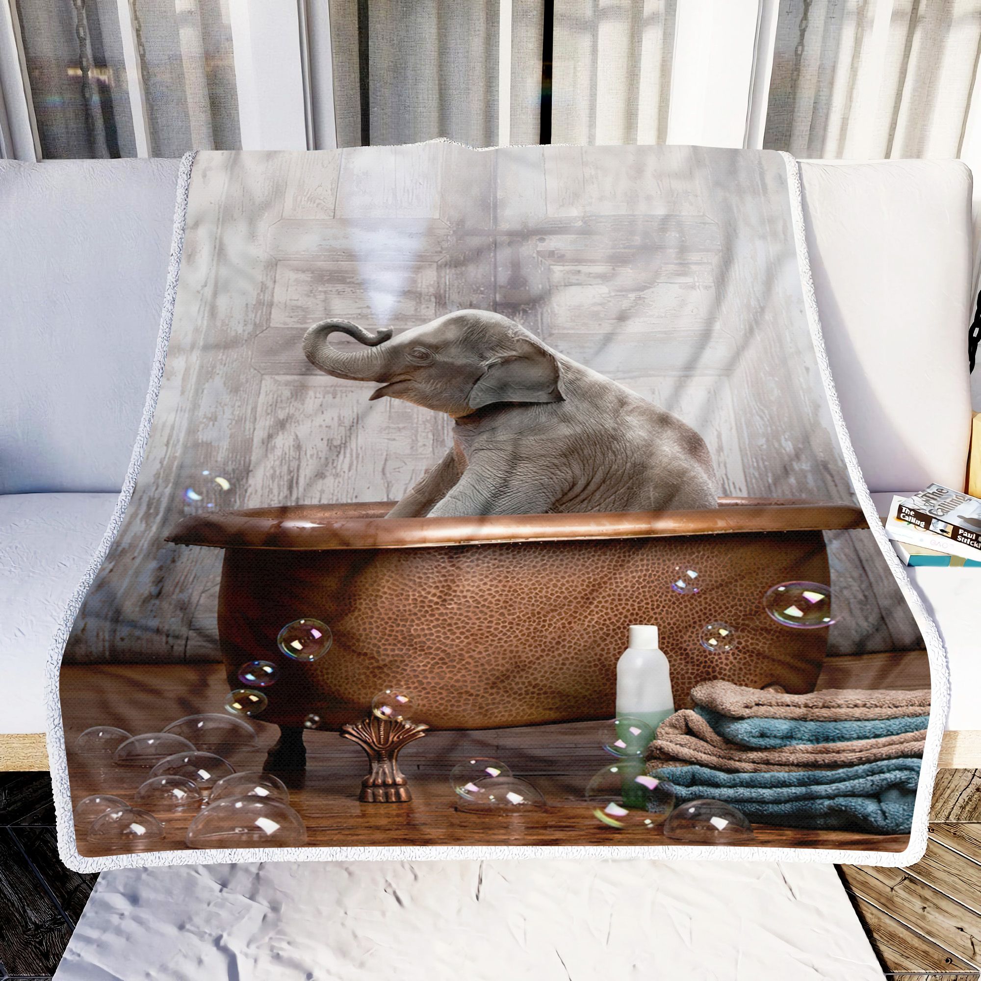 Elephant In A Bathtub Fleece Blanket