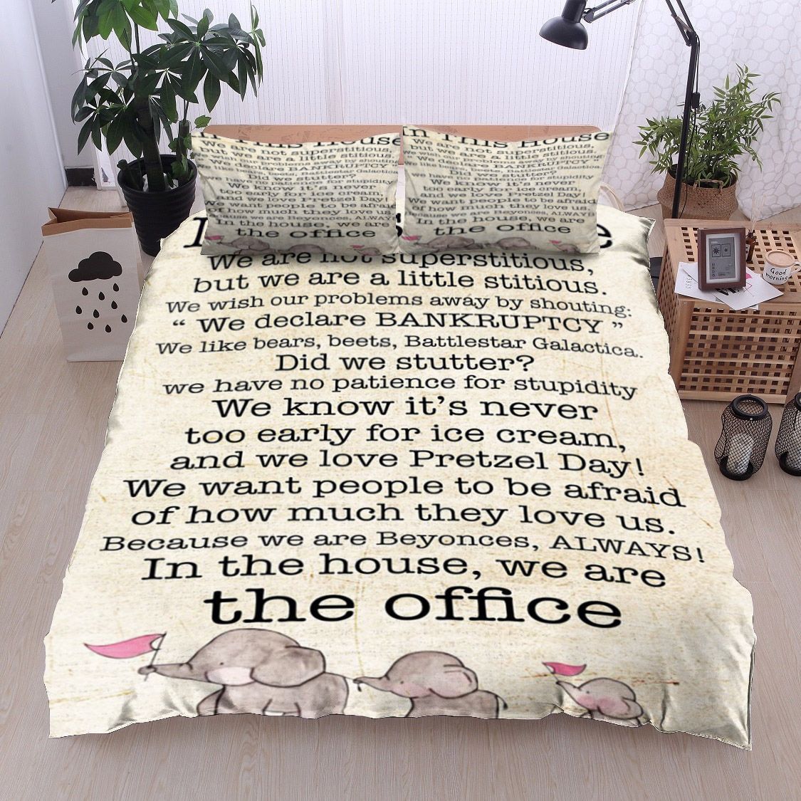 Elephant In This House We Are Not Superstitious Bedding Set