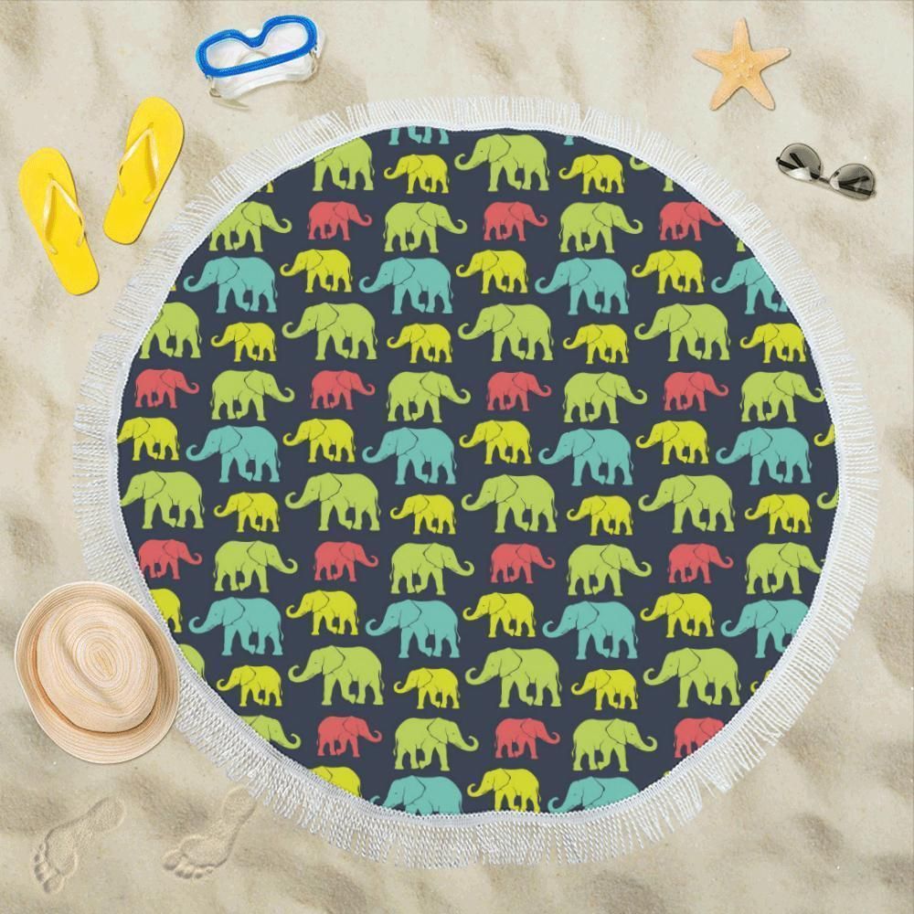 Elephant Neon Color Print Pattern Round Beach Towel