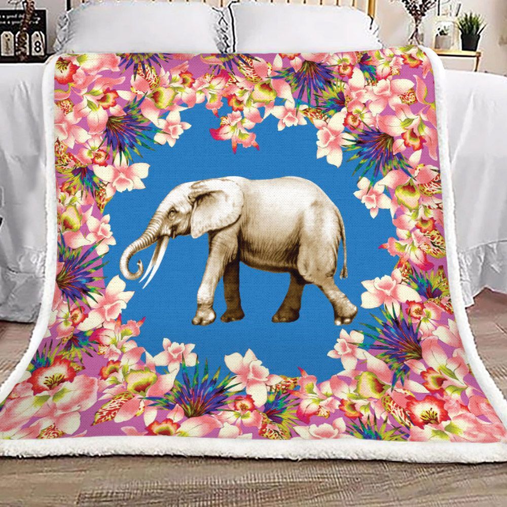 Elephant Pink Flower Sherpa Fleece Blanket