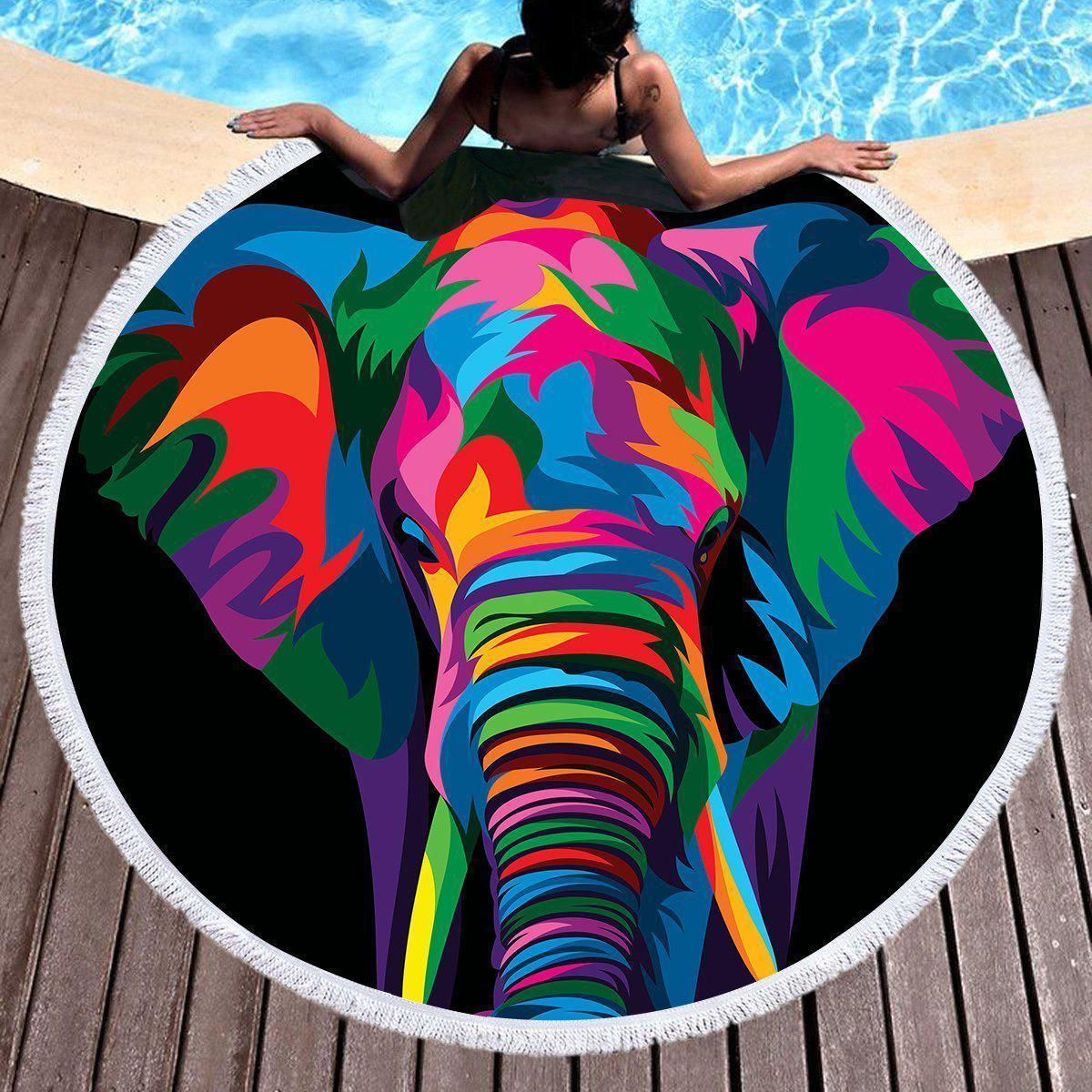 Elephant Rainbow On Black Printed Round Beach Towel