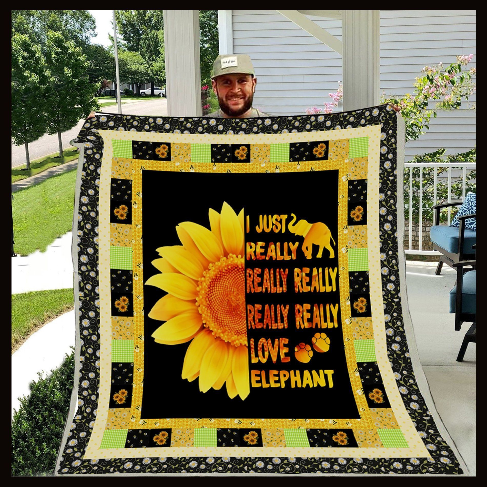 Elephant Sunflower Sherpa Fleece Blanket