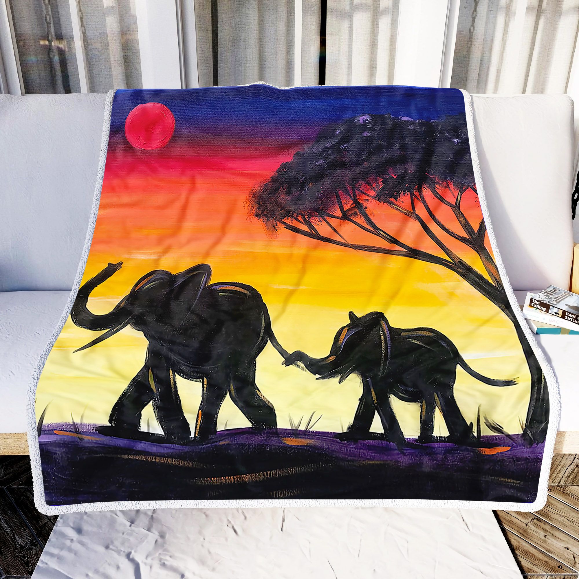 Elephant Sunset Painting Fleece Blanket