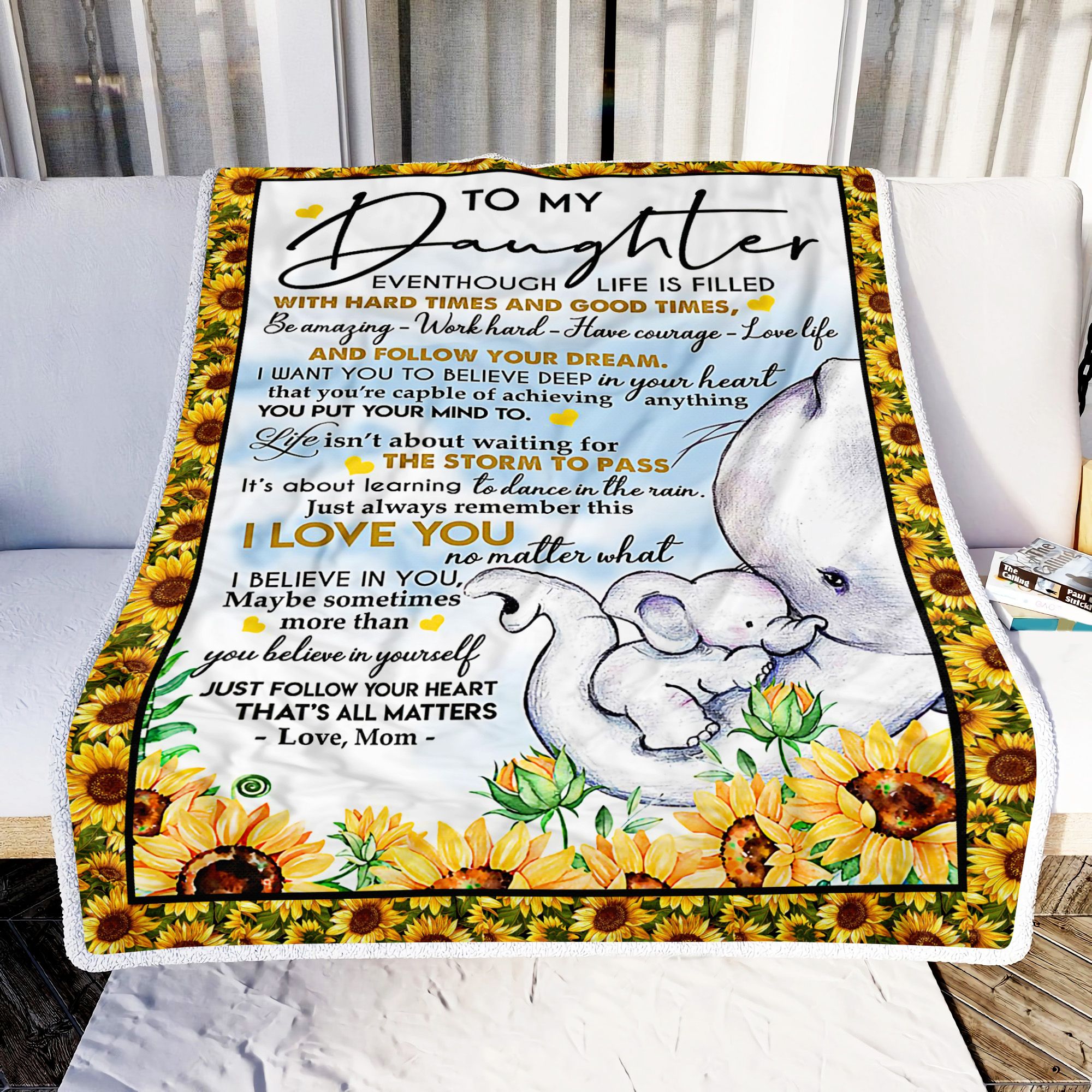 Elephant To My Daughter Love Mom Sunflower Fleece Blanket
