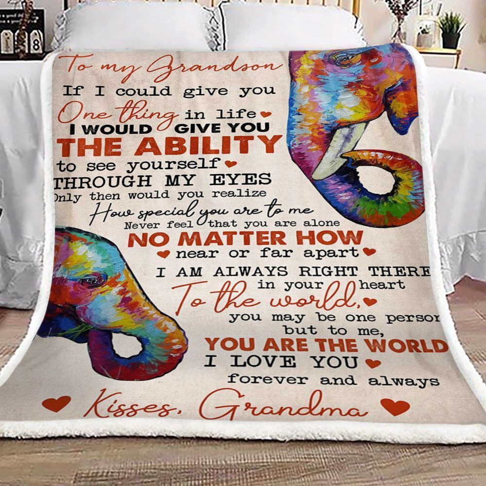Elephant To My Grandson Kisses Grandma Sherpa Fleece Blanket