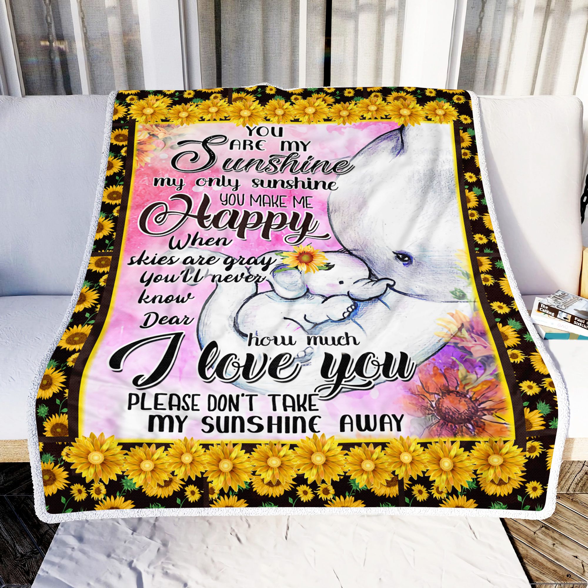Elephant You Are My Sunshine Sunflower Fleece Blanket