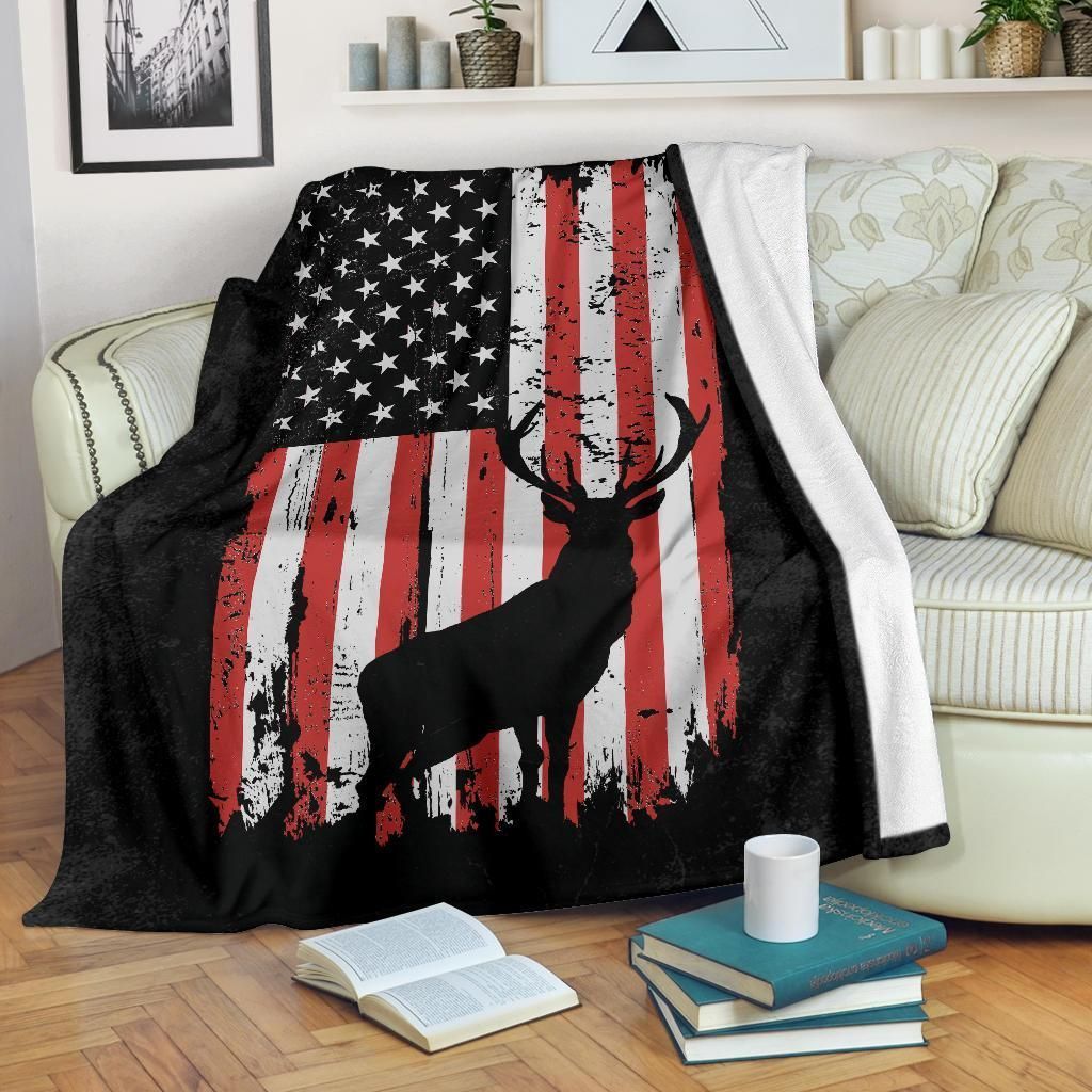 Elk Hunting American Flag Sherpa Fleece Blanket