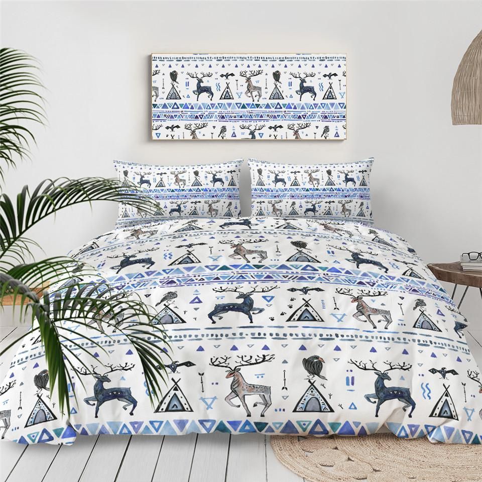 Elk Native American Art Blue And White Bedding Set