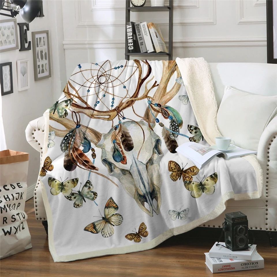 Elk Skull And Butterflies Dreamcatcher Sherpa Fleece Blanket