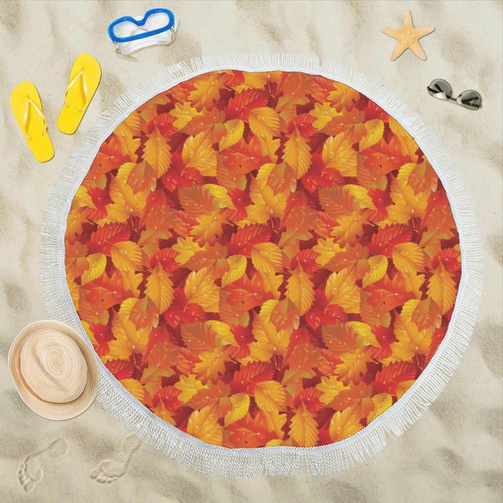 Elm Leave Autum Print Pattern Round Beach Towel