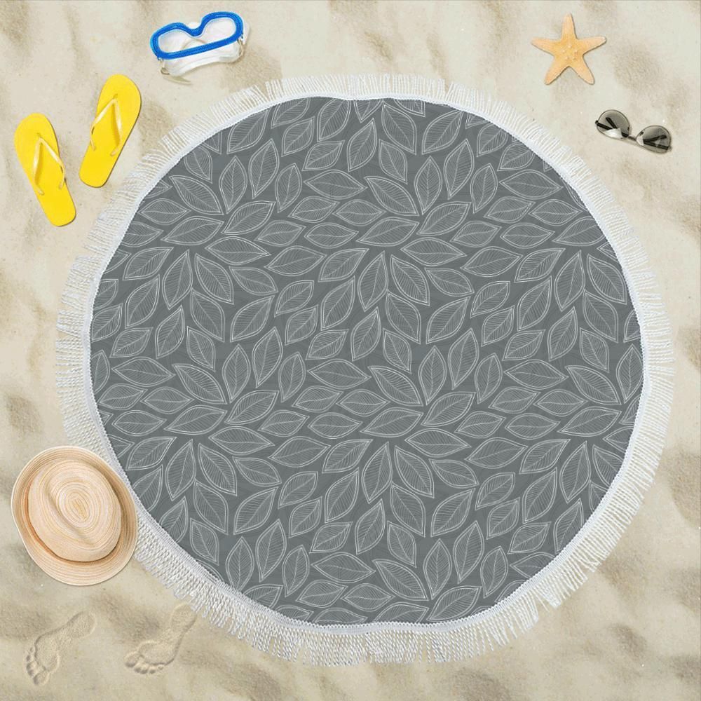Elm Leave Grey Print Pattern Round Beach Towel