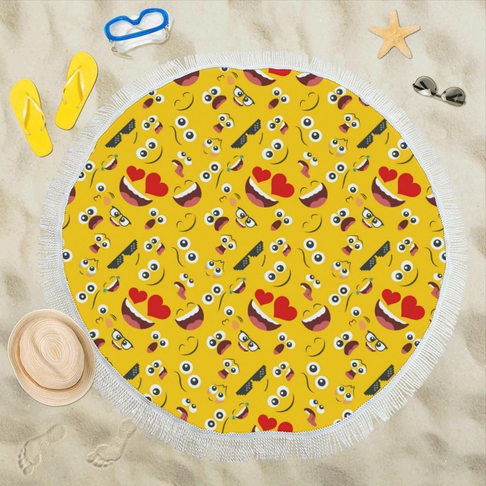 Emoji Face Print Pattern Round Beach Towel