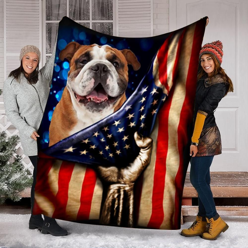 English Bulldog American Flag Sherpa Fleece Blanket