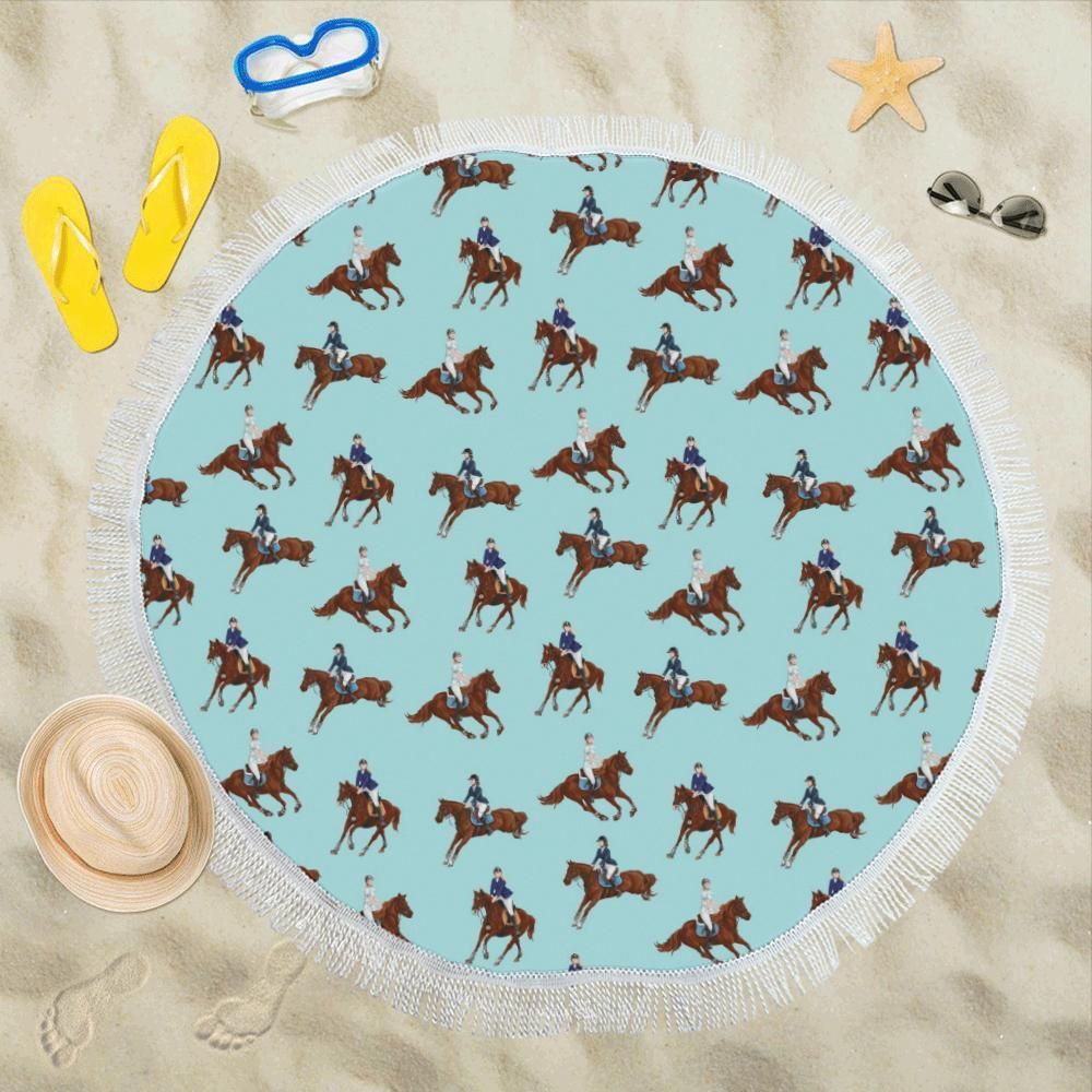 Equestrian Horse Riding On Light Blue Printed Round Beach Towel