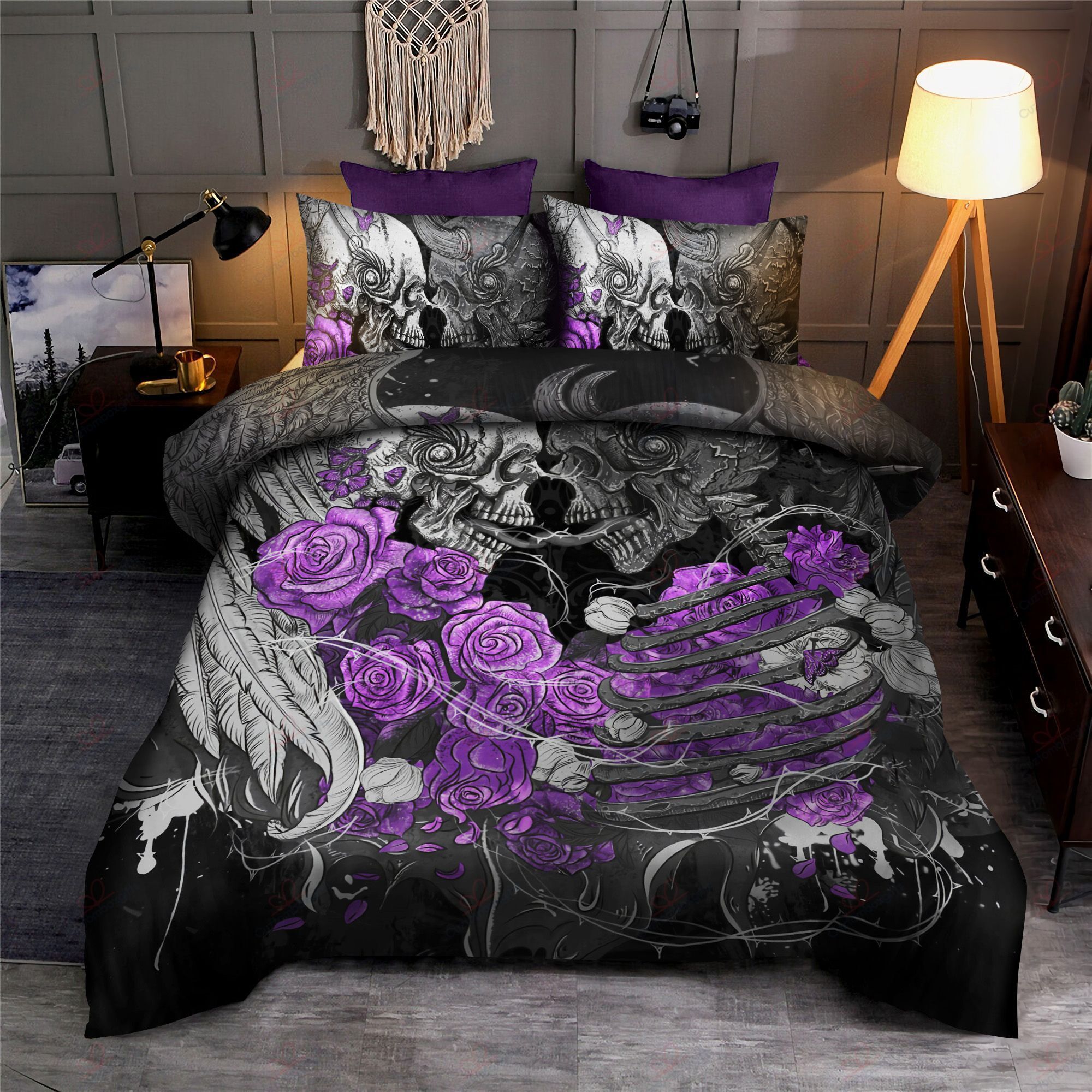 Eternal Skull Love Purple Roses Bedding Set