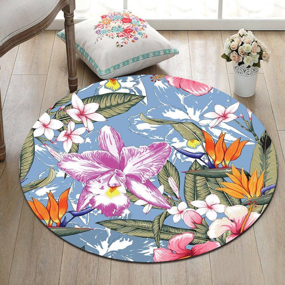 Exotic Green Leaves And Floral Round Carpet