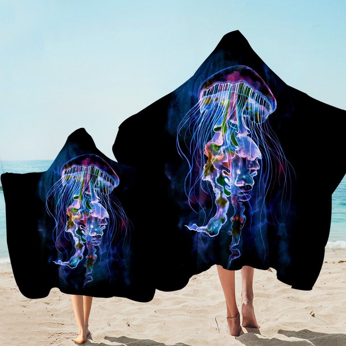Exotic Jellyfish On Black Printed Hooded Towel