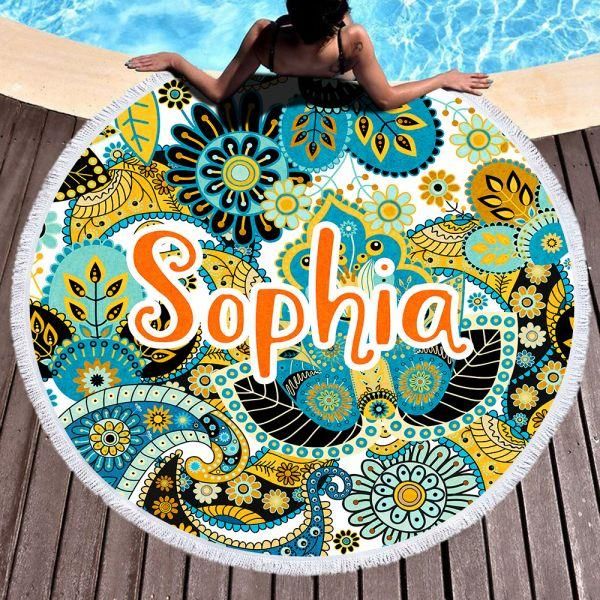 Exotic Paisley Pattern Custom Name Printed Round Beach Towel