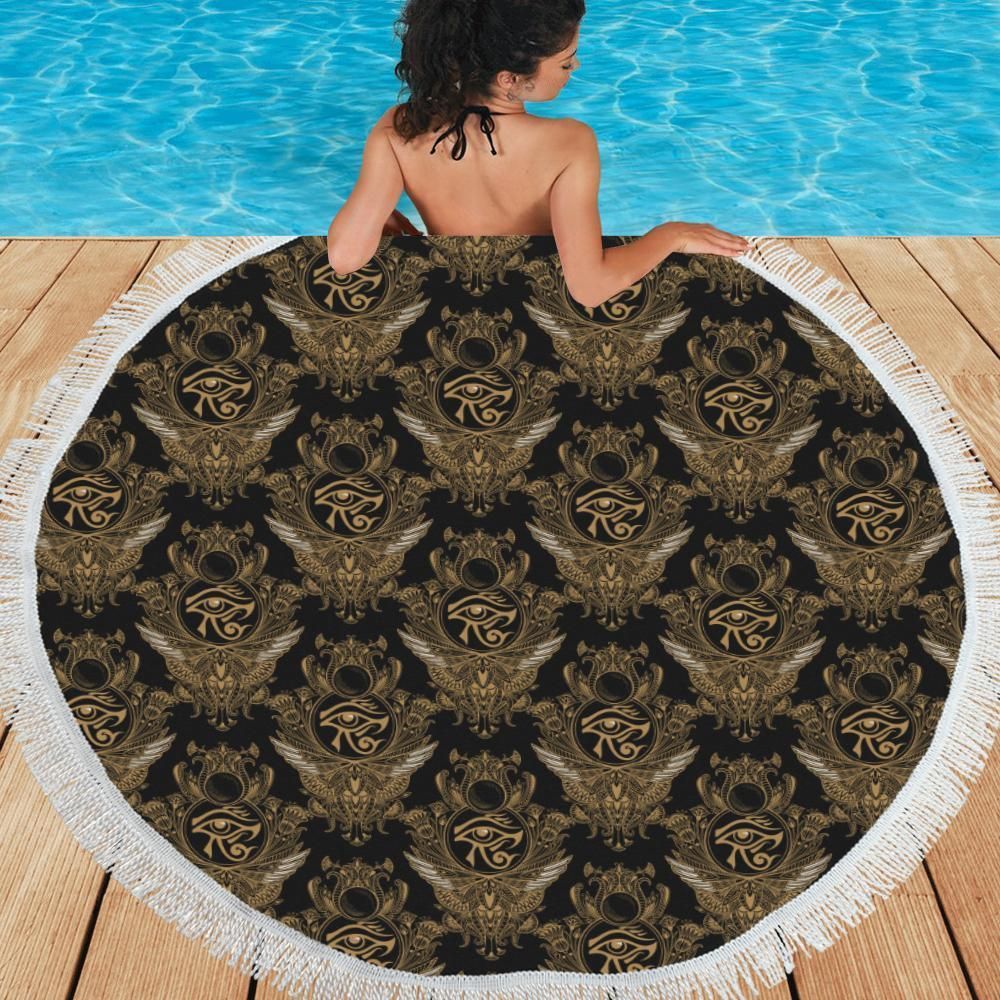 Eye Of Horus Mandala Style Round Beach Towel